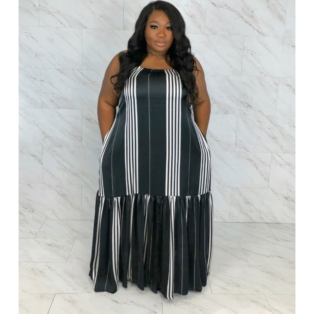 Long black and white silk stripe maxi dress